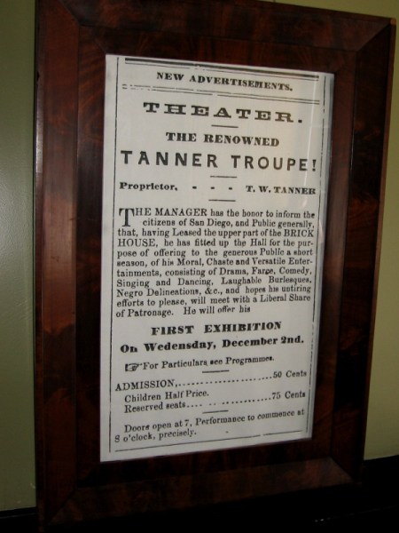 Advertisement framed on theater wall. Admission to see the Tanner Troupe perform was 50 cents. Audiences saw moral, chaste and versatile entertainments--drama, farce, comedy, singing and dancing.