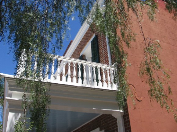 Outdoor stairs back then ascended to this outside balcony. Audiences entered the theater that way, without disturbing the Whaley House living quarters.