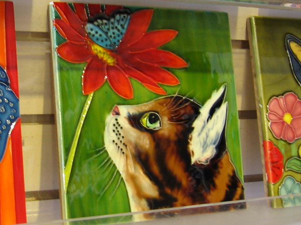 A curious cat observes a blue moth in a flower.