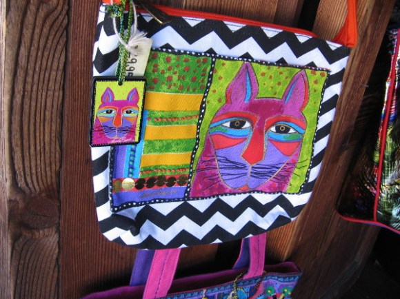 A very colorful cat bag.