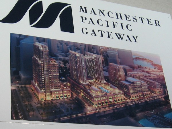 The Navy Broadway Complex is being demolished to make way for Manchester Pacific Gateway, which will include four office buildings, a retail promenade, tourist attractions, a park and two hotels.