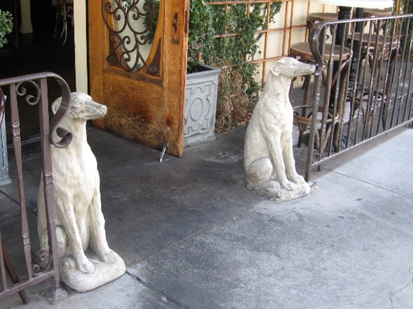 Two dogs stand guard on a downtown San Diego sidewalk.