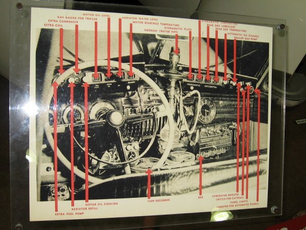 Diagram shows the many gauges and switches available to the driver. A bar and hookah are within easy reach of the front seat passenger!