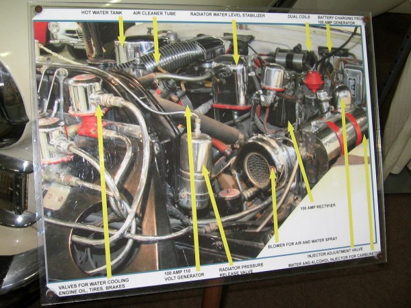 Diagram shows numerous modifications and additions to the 1947 Cadillac's original stock engine.
