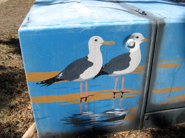 Electrical box on Shelter Island Drive has two seagulls.