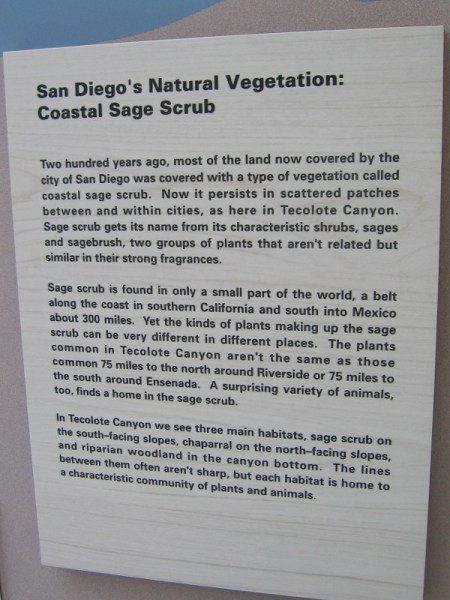 One sign describes San Diego's Coastal Sage Scrub habitat, which is found in a small part of the world, along the coast of Southern California into Mexico.