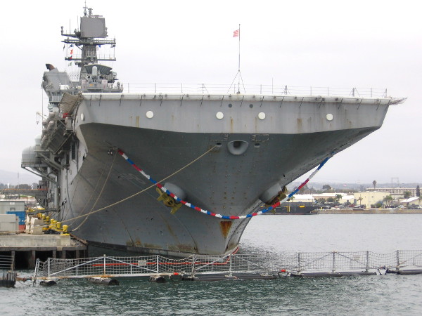 The USS Makin Island (LHD 8) returned from deployment recently. The gold anchors indicate this ship has earned the Navy's Retention Excellence Award.