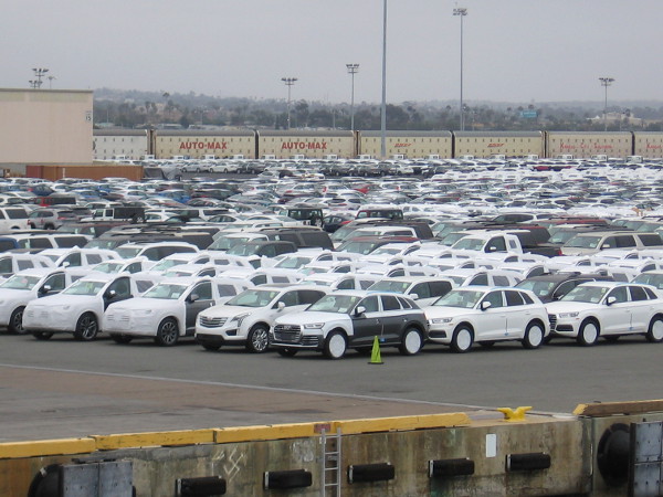 Longshoremen drive hundreds of new vehicles off the ships. Warehouses nearby are used to install accessories. White wraps on cars protect them from stuff like seagull poop!