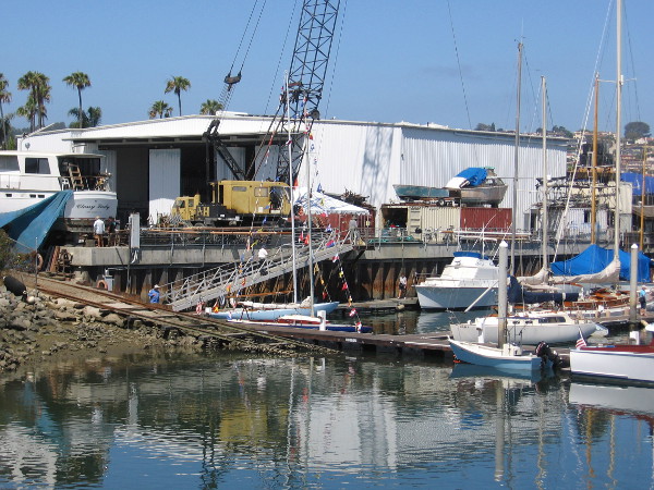 A look at the Koehler Kraft boatyard from a platform that juts out over the edge of Shelter Cove Marina in Americas Cup Harbor.