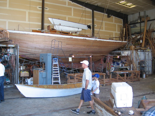 Inside the Koehler Kraft building are several more wooden boats. The big one being worked on is Siwash, a 1910 yawl that held the round Catalina time record for 27 years.