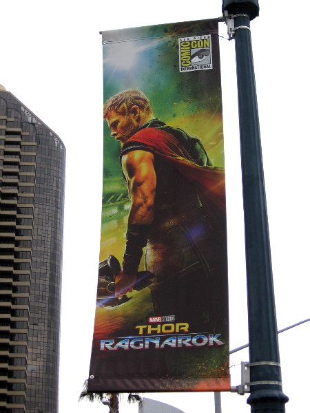 Thor, one of Marvel Comics' Mighty Avengers, appears on a banner for 2017 San Diego Comic-Con. I depicts a scene from the upcoming movie Thor: Ragnarok.
