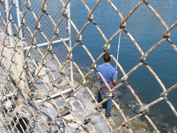Fishing beyond an old fence.