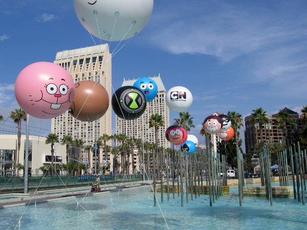 A whole flock of Cartoon Network characters take to the sky! Fun balloons fly over the fountain at Children's Park during 2017 San Diego Comic-Con!