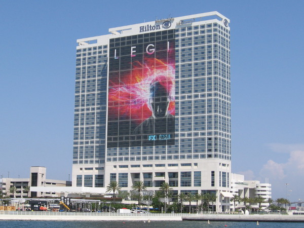 The Legion wrap on the Hilton, as seen from Embarcadero Marina Park South.