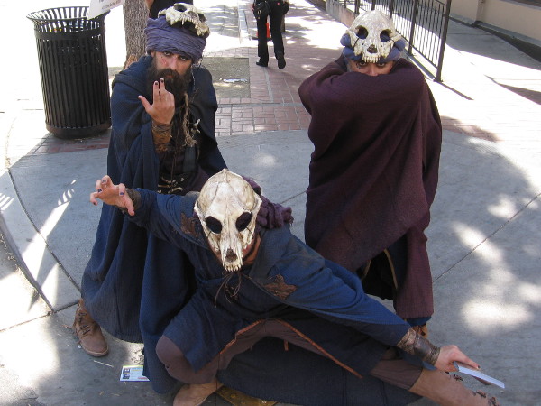 Scary cosplay outside in the Gaslamp promoting the TV series Medinah. It's late Wednesday afternoon. It's 2017 San Diego Comic-Con Preview Night!