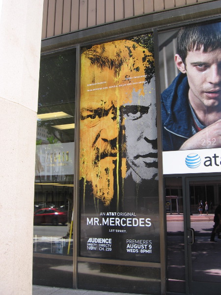 Graphic in store window promotes ATT orginal series Mr. Mercedes.