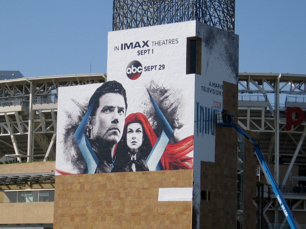 A cool Inhumans wrap is being applied to Petco Park!