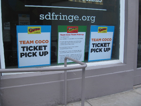 Here on First Avenue next to the Spreckels Theatre is where a huge line will grow. Team Coco ticket pick up!