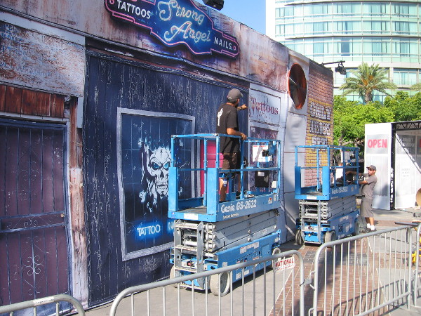 The cool Midnight, Texas building near the Tin Fish appears nearly complete.
