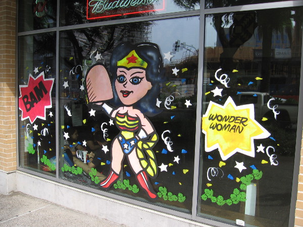 Wonder Woman on a window in San Diego.