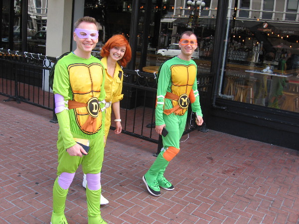 Have no fear! The Teenage Mutant Ninja Turtles are coming down the sidewalk!