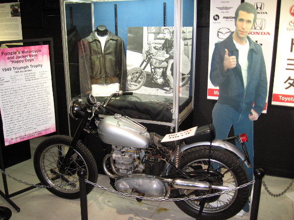 Fonzie's motorcycle and leather jacket from Happy Days is on display at the San Diego Automotive Museum in Balboa Park!