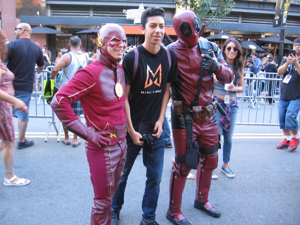 Lots of leathery costumes. I see Flash and Deadpool.