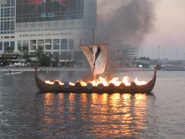 A Viking funeral. The longship burns on San Diego Bay.