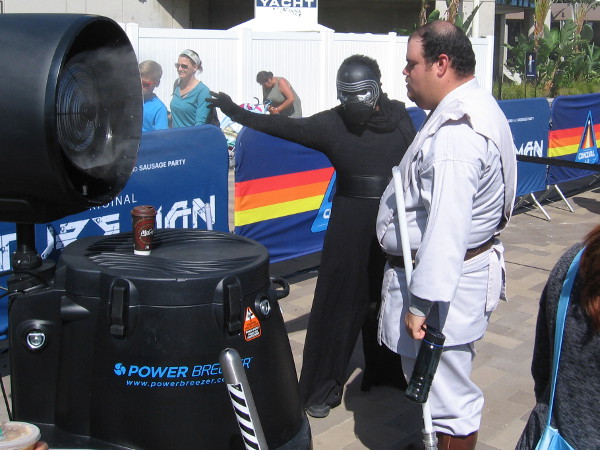 Kylo Ren uses the Force to extract cold mist from a fan.