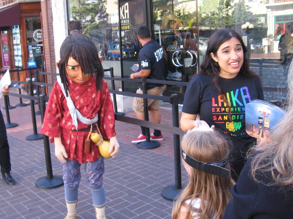 Kubo greets passersby in San Diego's Gaslamp Quarter. A free exhibit by Laika Entertainment demonstrates their animation process and includes puppets, sets and props.