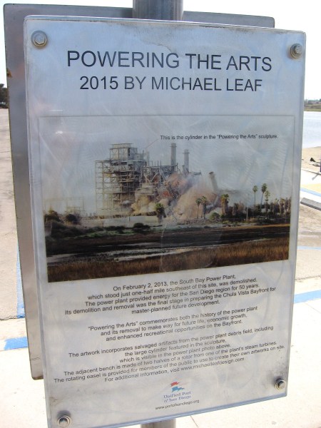 Sign describes how Powering the Arts was once a cylinder atop the now demolished South Bay Power Plant.