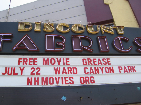 Marquee of old Adams Avenue Theater, which is now home to Discount Fabrics.