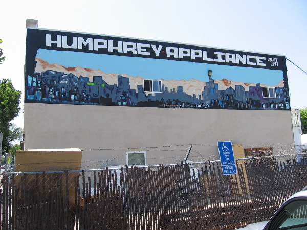 Now I've crossed Adams Avenue at 35th and am heading back west on the north side. Check out the cool mural near the rooftop of Humphrey Appliance.