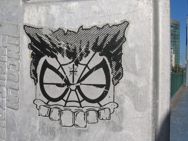 Here's an example of what you might become if you have the X-Gene and suddenly mutate. I think this sinister-looking character is called the Toothy Composite Oddity. I spotted this sticker along Harbor Drive. I wonder if the Spiderman web-shooting gets tangled in the Wolverine claws?