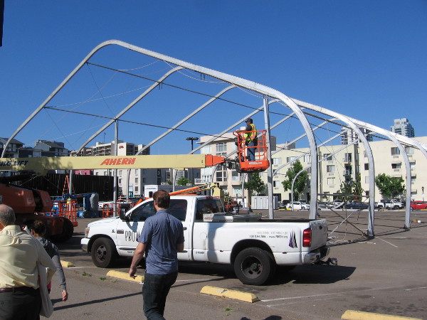 A huge structure being built just north of Amazon's The Tick venue, on First Avenue south of Island Avenue. I believe it's for a private party. A security guy thinks it's for NBC--but I'm not sure.