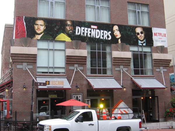 A cool wrap promoting The Defenders on Netflix has been applied to a Gaslamp building for 2017 San Diego Comic-Con.
