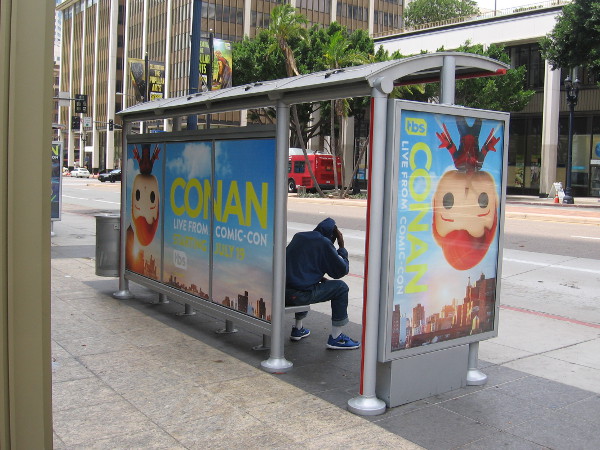 This guy had to settle for first in line at a Conan bus stop on Broadway!