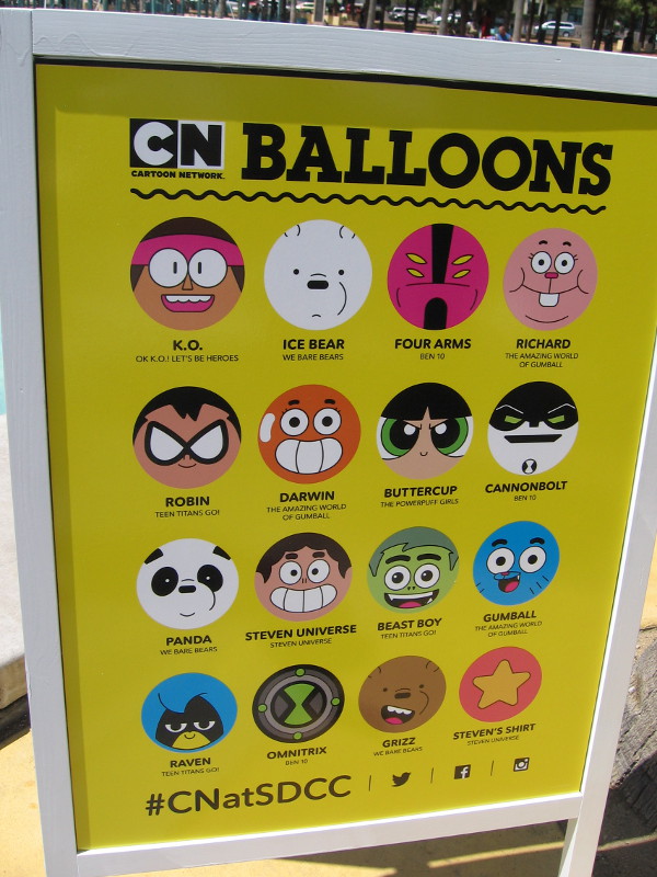 The Cartoon Network balloon characters include: K.O., Ice Bear, Four Arms, Richard, Robin, Darwin, Buttercup, Cannonbolt, Panda, Steven Universe, Beast Boy, Gumball, Raven, Omnitrix, Grizz, and Steven's Shirt!