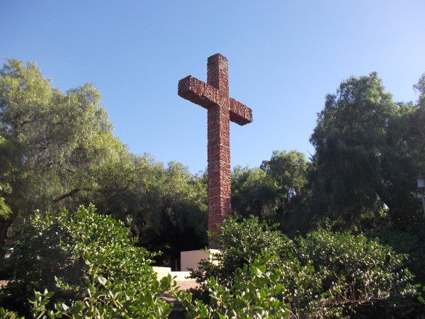 A large cross marks the location of the first Spanish mission in Alta California, established by Junipero Serra.