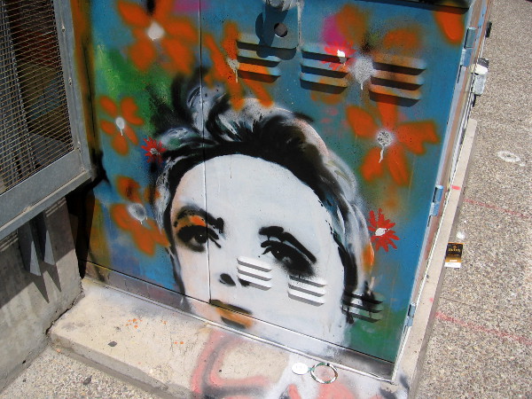 Female face spray painted on electrical box in East Village at F Street and Tenth Avenue.