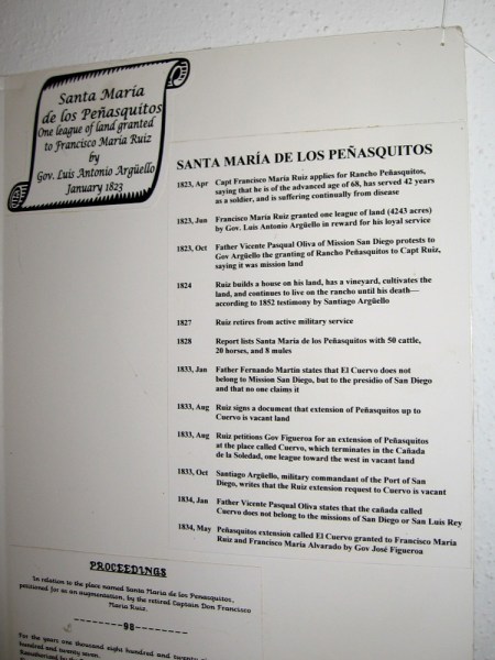 1823-1834 timeline of the Mexican land grant of Santa Maria de Los Peñasquitos, that was made to Captain Francisco María Ruiz.