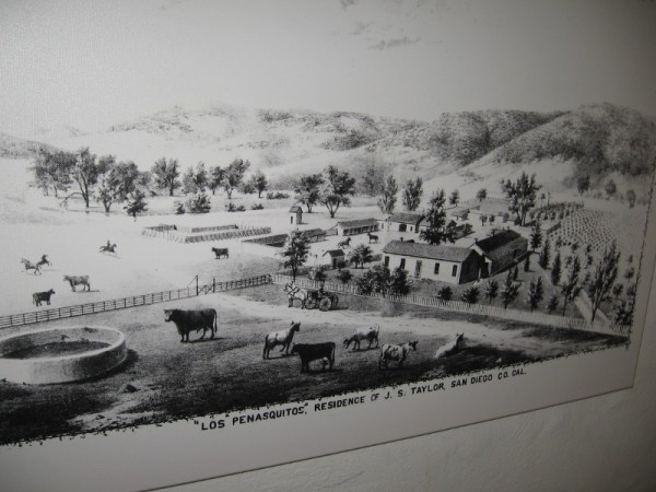 A drawing of the Los Peñasquitos residence of Colonel Jacob Shell Taylor, who purchased the property in 1882. He raised Durham cattle and thoroughbred horses and would found Del Mar.