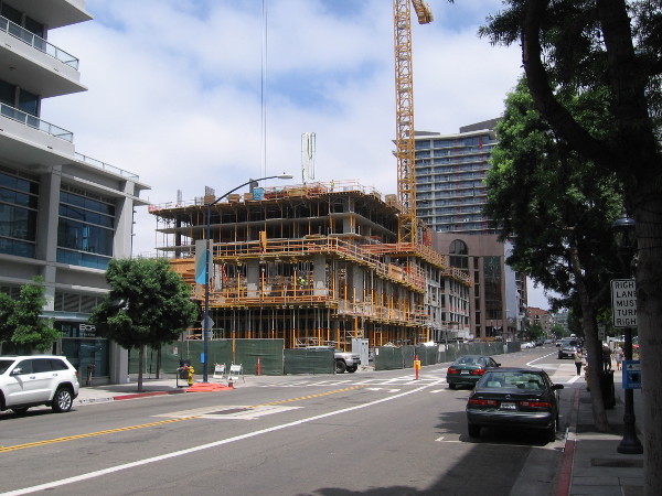 A new building is rising at the corner of Ash Street and Kettner Boulevard.