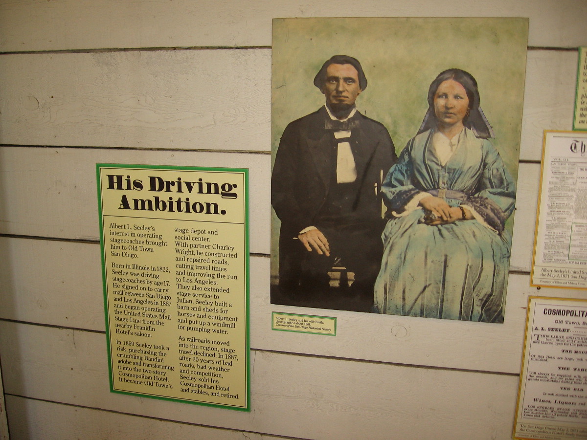 In 1869, Albert L. Seeley transformed the nearby Bandini adobe into the two-story Cosmopolitan Hotel, which became Old Town's stage depot and social center.