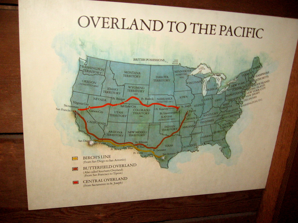 Map shows important stagecoach routes, including the Butterfield Overland, and the Birch's Line from San Antonio to San Diego.