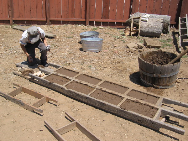 These authentic adobe bricks take weeks or months to properly dry. When hard, they'll possibly be used in new construction or restored exhibits at Old Town San Diego State Historic Park.