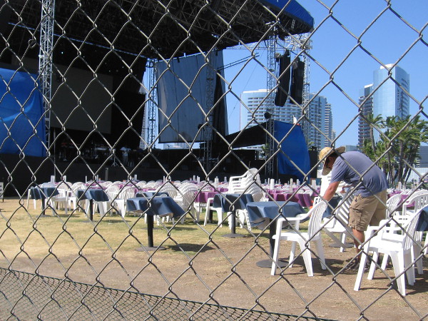 Getting the chairs ready for an outdoor concert on San Diego Bay.