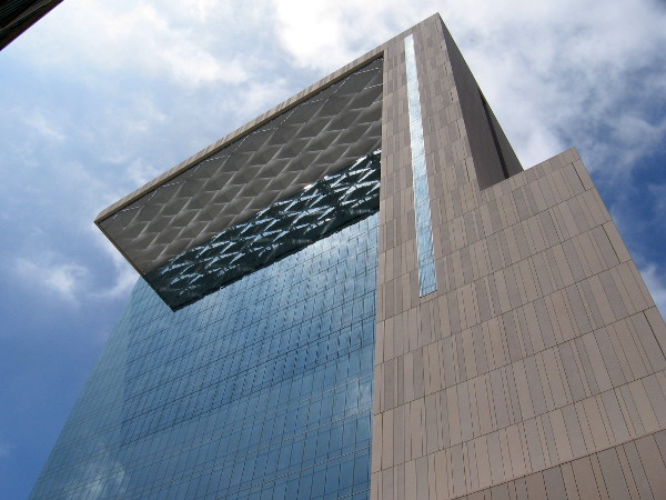 Gazing up from Union Street at the unique new Superior Court building in downtown San Diego.