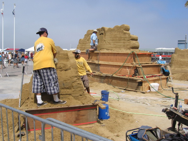 You can see the three sand sculptures in this photo and a bit of the Broadway Pier.