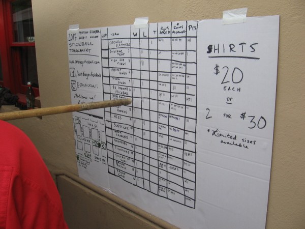 A big grid of teams this year for the stickball tournament. Just from personal observation, the event seems to grow every Labor Day weekend.